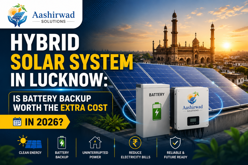 Hybrid solar system in Lucknow with rooftop solar panels, battery backup, and inverter, highlighting reliable power, lower electricity bills, and clean energy in 2026.
